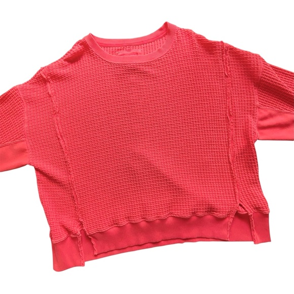 American Eagle Sweatshirt Women’s Small Coral Red Waffle Knit Oversized Sweater - Picture 3 of 5